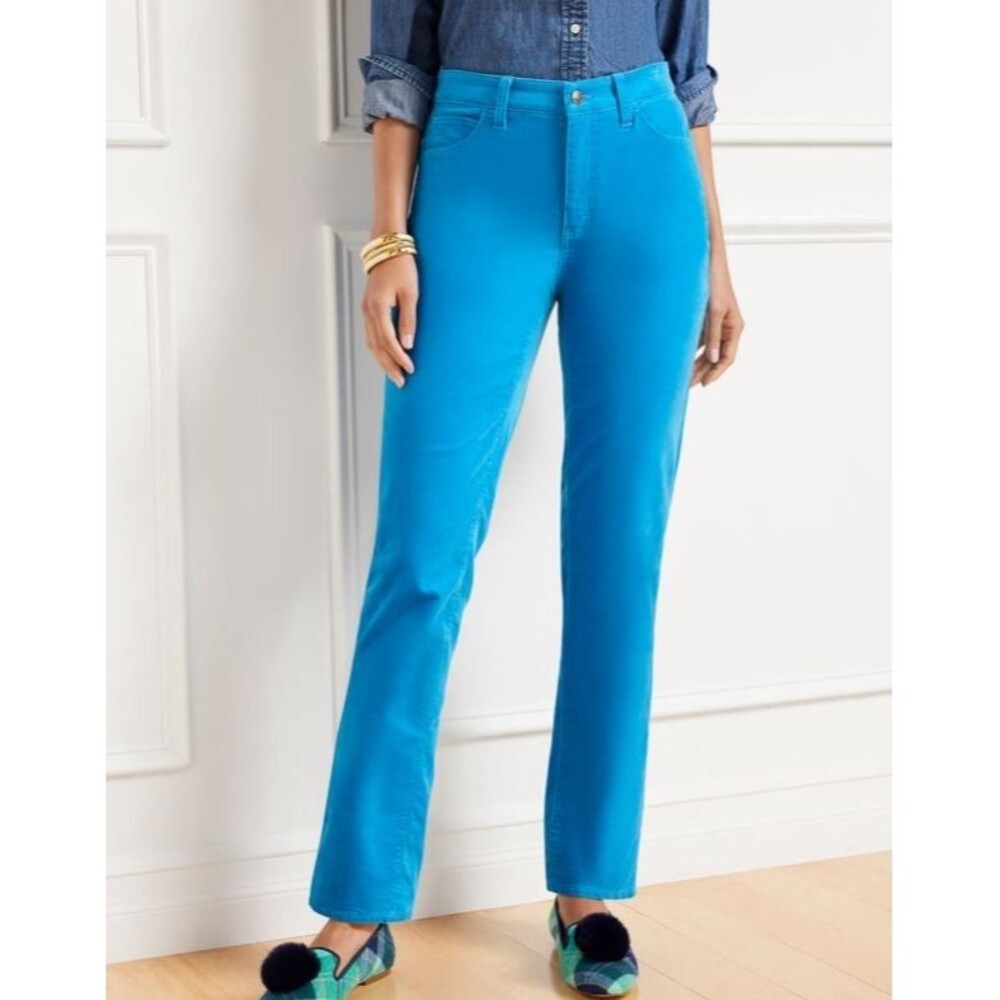 NWT Talbots Women Pants  14P Blue Velveteen Straight‎ Leg Slimming High Rise